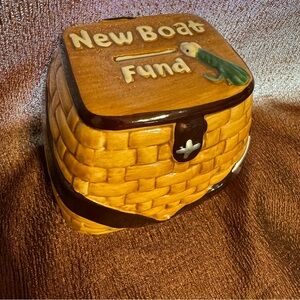 Pottery “NEW BOAT FUND” Ceramic Basket Weaved Design Small 4.5Wx3Dx4H